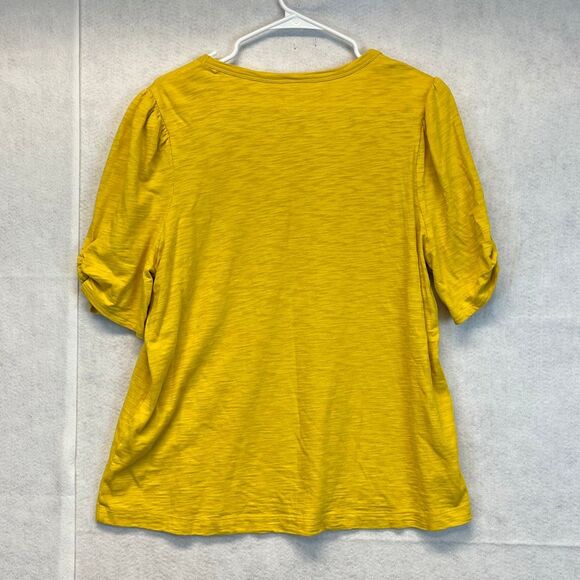 CHICO’S Gathered Sleeve Slub Top 3 (XL) Yellow Short elbow sleeve ruching Tee - Picture 7 of 11